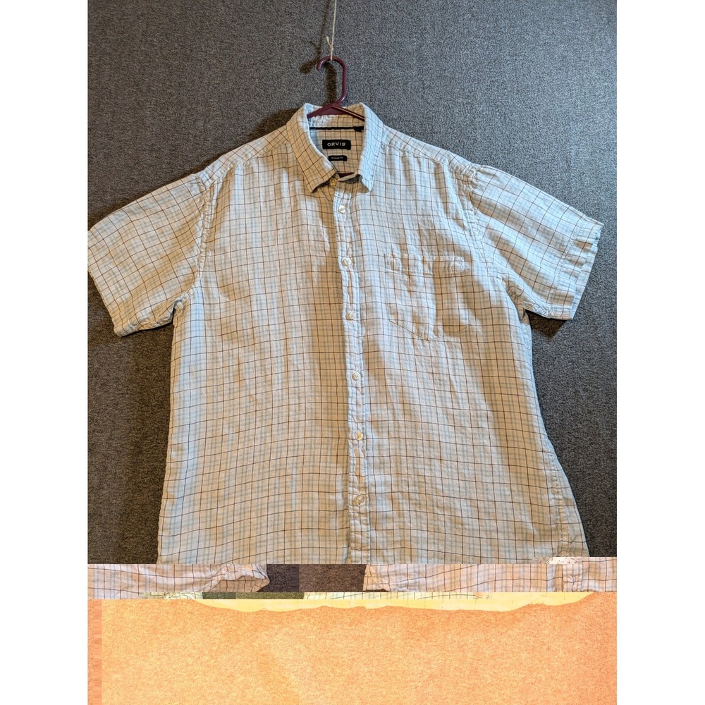 Orvis Shirt Mens XL Blue Check Linen Short Sleeve Button Front Casual Pocket